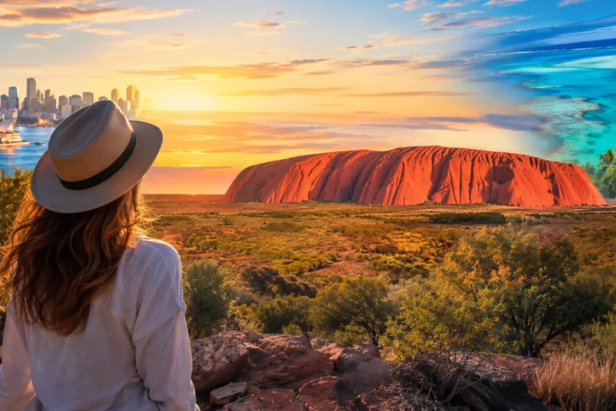Viaggiatore davanti a un paesaggio australiano che richiama Uluru, Sydney, la costa tropicale e la Grande Barriera Corallina.