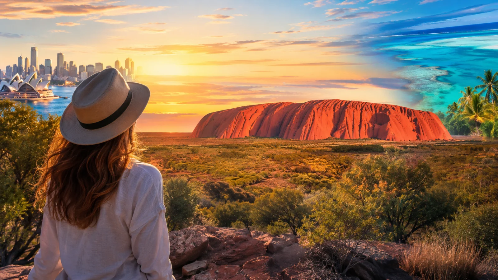Viaggiatore davanti a un paesaggio australiano che richiama Uluru, Sydney, la costa tropicale e la Grande Barriera Corallina.