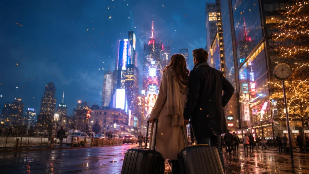 New York illuminata durante il periodo di Capodanno, proposta di viaggio per il Capodanno 2027.