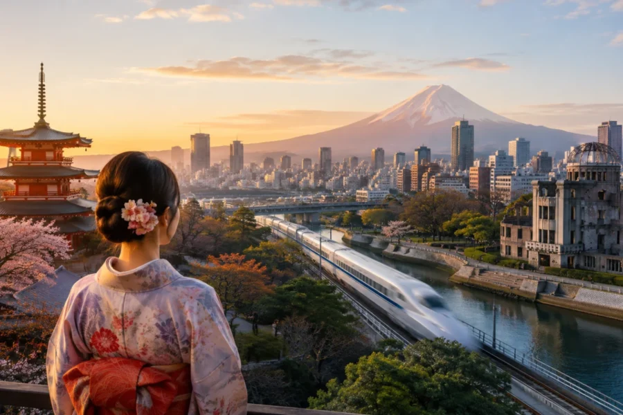 Viaggiatrice davanti a un paesaggio giapponese che unisce atmosfera urbana, architettura tradizionale e il torii di Miyajima sul mare.