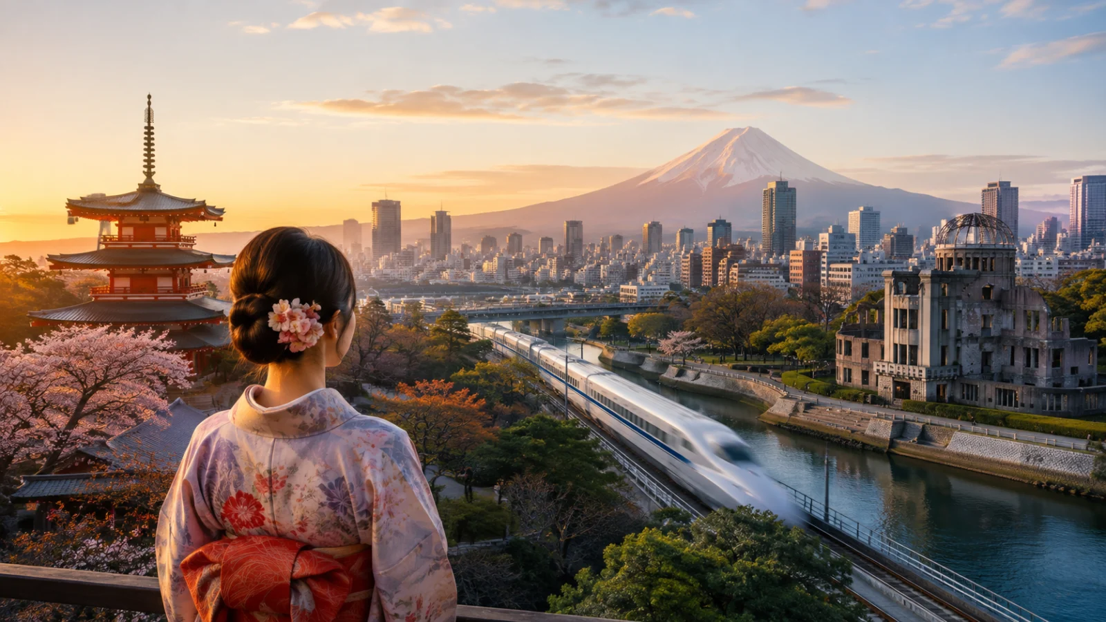 Viaggiatrice davanti a un paesaggio giapponese che unisce atmosfera urbana, architettura tradizionale e il torii di Miyajima sul mare.
