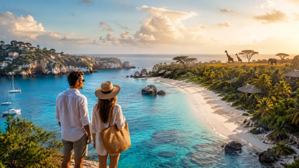 Viaggiatori davanti a un paesaggio tropicale che evoca una vacanza tra mare e scoperta.