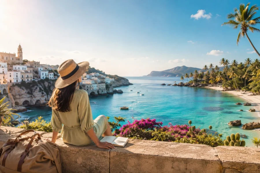 Veduta evocativa di una vacanza tra costa mediterranea italiana e scenario tropicale, simbolo della scelta tra diverse destinazioni di soggiorno
