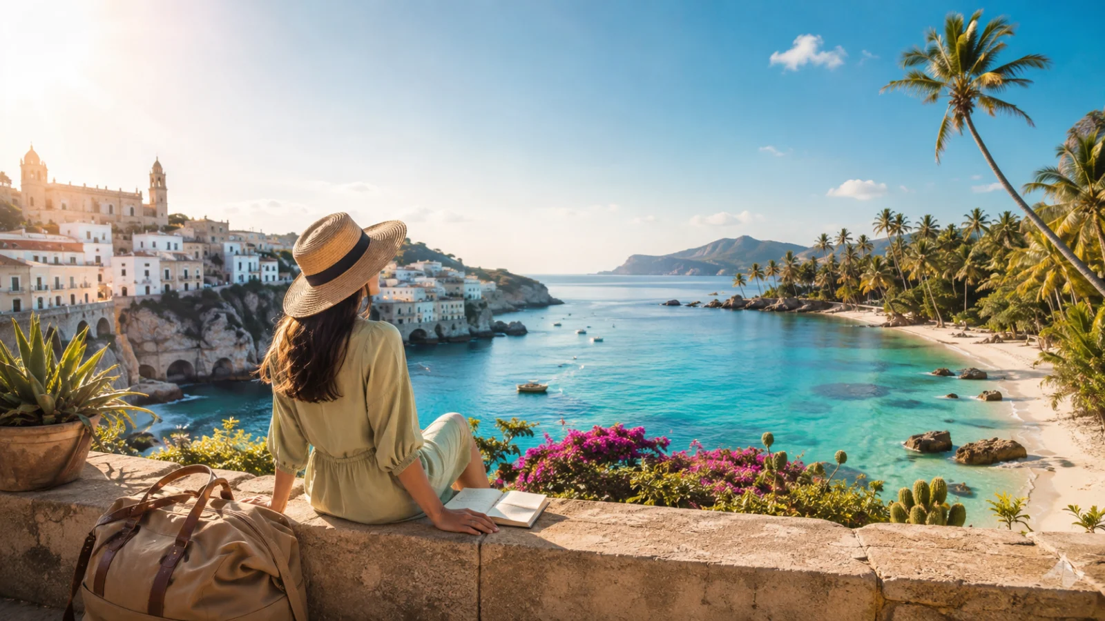Veduta evocativa di una vacanza tra costa mediterranea italiana e scenario tropicale, simbolo della scelta tra diverse destinazioni di soggiorno