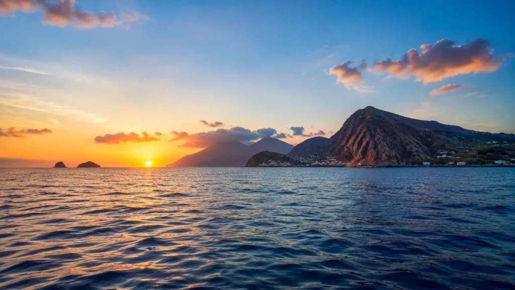 Paesaggio delle Isole Eolie per un’escursione in barca tra Lipari, Panarea e Stromboli.