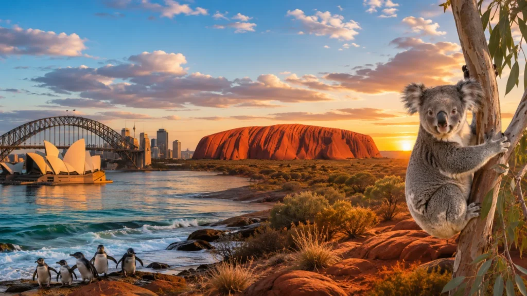 Uluru al tramonto con richiami alla baia di Sydney e alla fauna australiana per il tour Magic Koala.