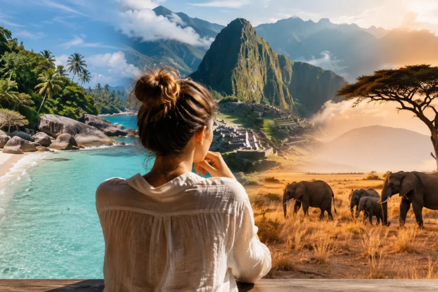 Viaggiatore davanti a un paesaggio evocativo che richiama mare, scoperta e avventura, simbolo della scelta tra diversi modi di vivere una vacanza