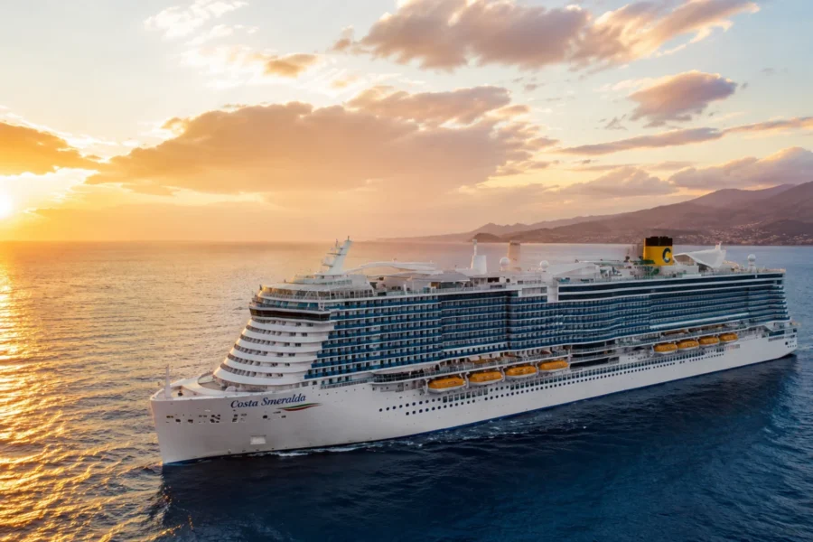 Costa Smeralda in navigazione nel Mediterraneo al tramonto durante una crociera invernale.