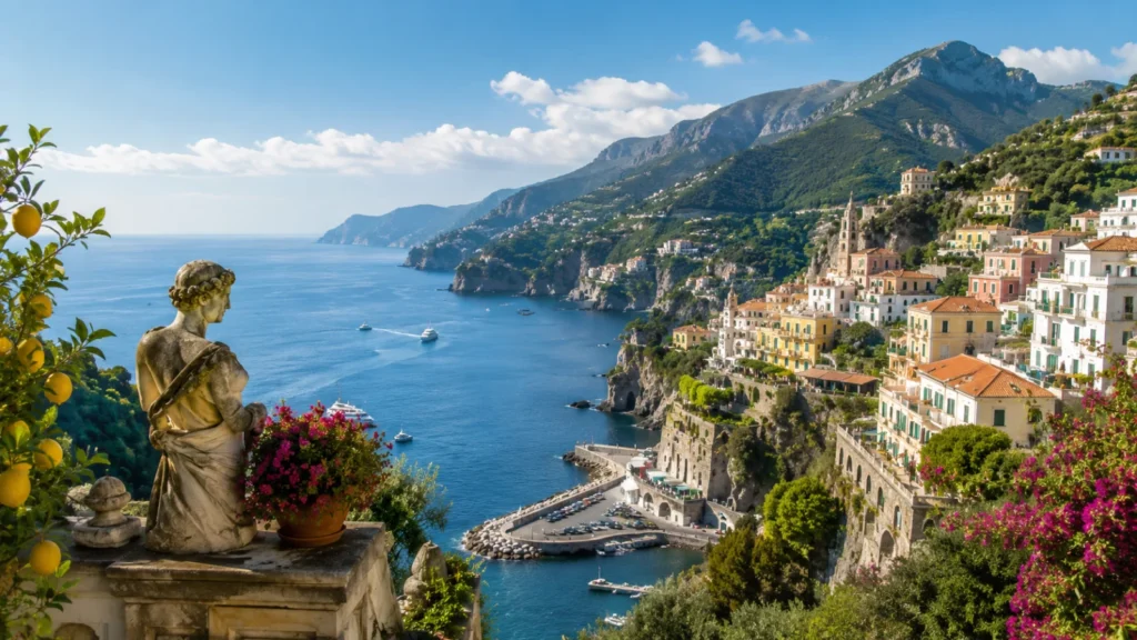 Panorama mediterraneo della Costiera Amalfitana per un tour tra Napoli, Capri, Caserta, Pompei, Salerno e Amalfi.
