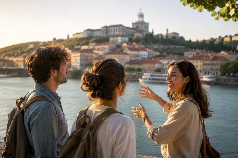 Due viaggiatori ascoltano una guida locale davanti a una città storica, tra architettura, acqua e paesaggio naturale.