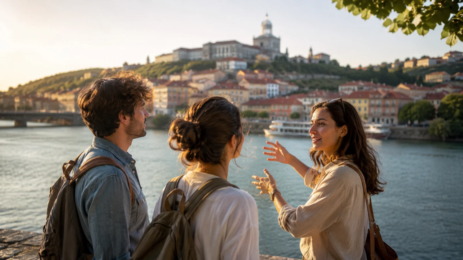 Due viaggiatori ascoltano una guida locale davanti a una città storica, tra architettura, acqua e paesaggio naturale.