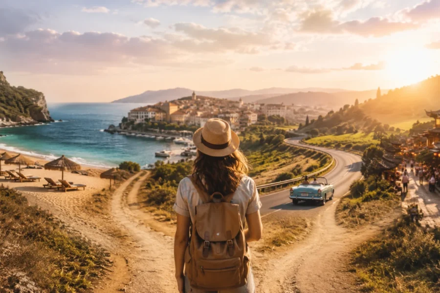 Valigia e mappa del mondo con richiami al mare, ai viaggi on the road, alla natura e alla scoperta culturale.