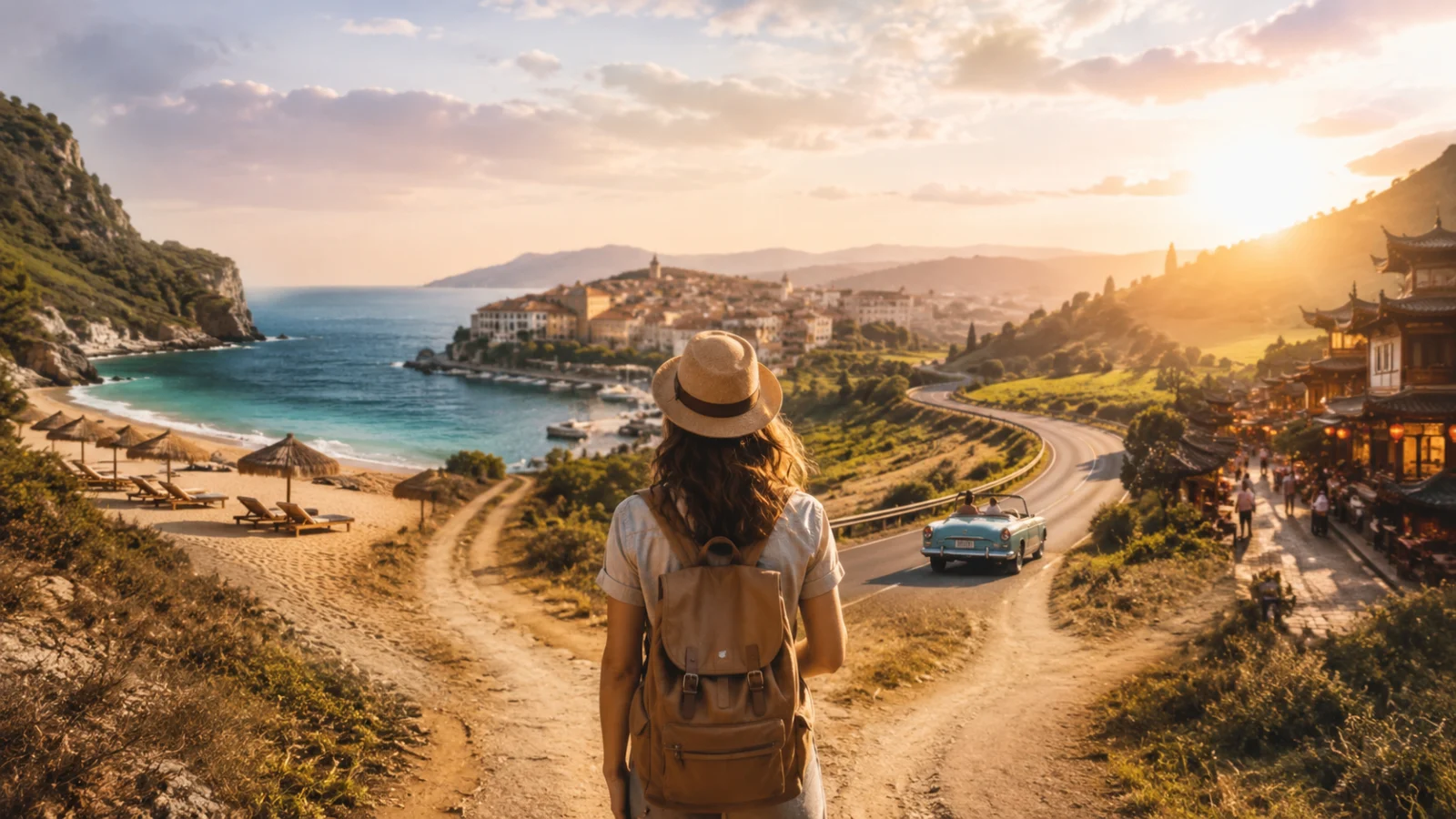 Valigia e mappa del mondo con richiami al mare, ai viaggi on the road, alla natura e alla scoperta culturale.