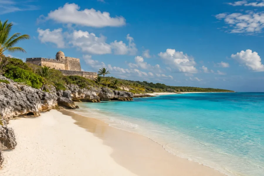 Costa incontaminata della Repubblica Dominicana meridionale, tra mare caraibico e natura, simbolo di un viaggio verso Bahía de las Águilas.