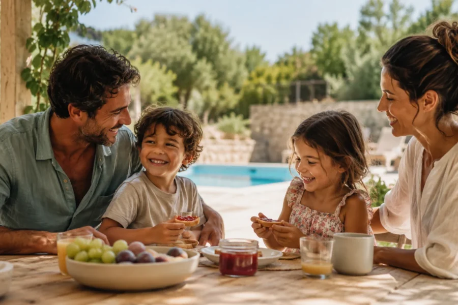 Famiglia in vacanza durante un momento di merenda semplice