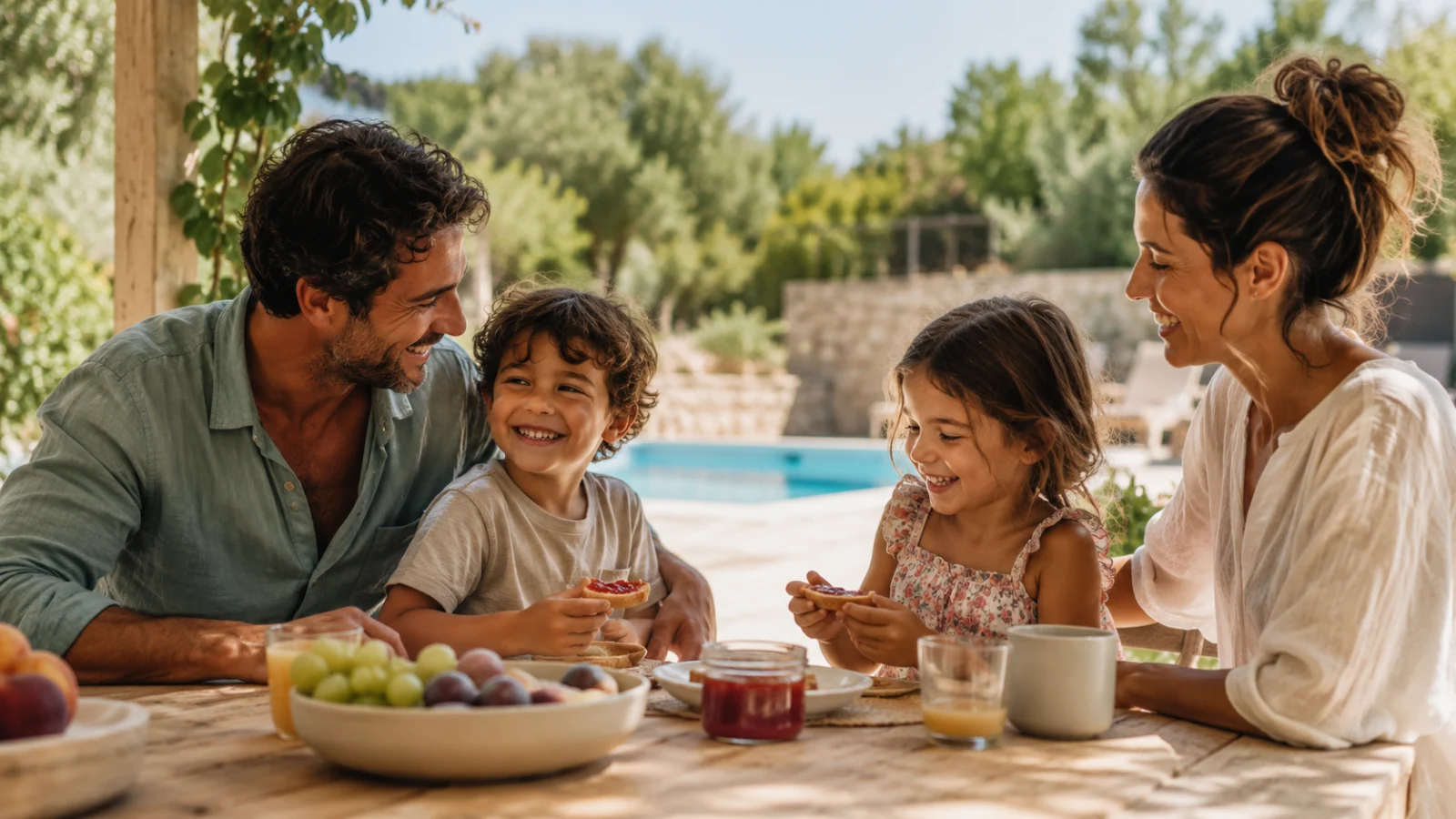 Famiglia in vacanza durante un momento di merenda semplice