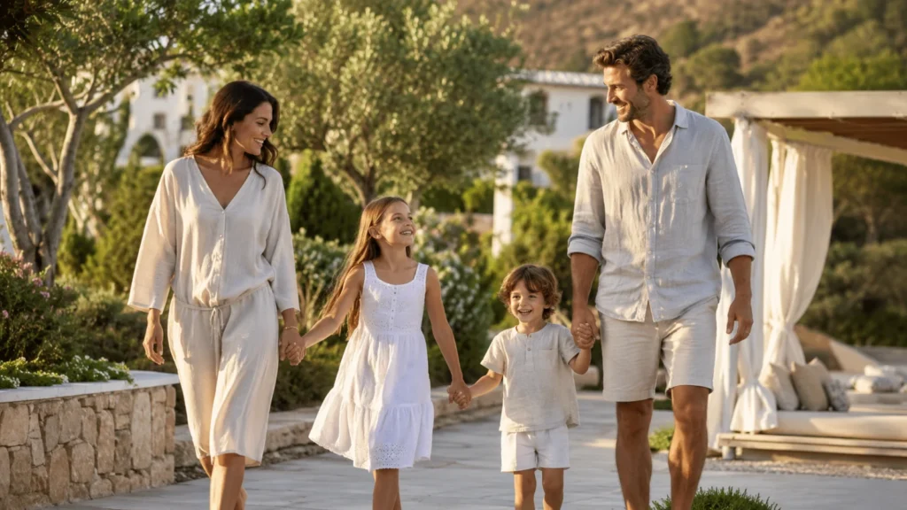 Famiglia che condivide un momento sereno durante una vacanza in resort.
