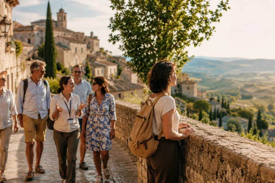 Piccolo gruppo di viaggiatori con una guida in un centro storico, tra condivisione e libertà personale.