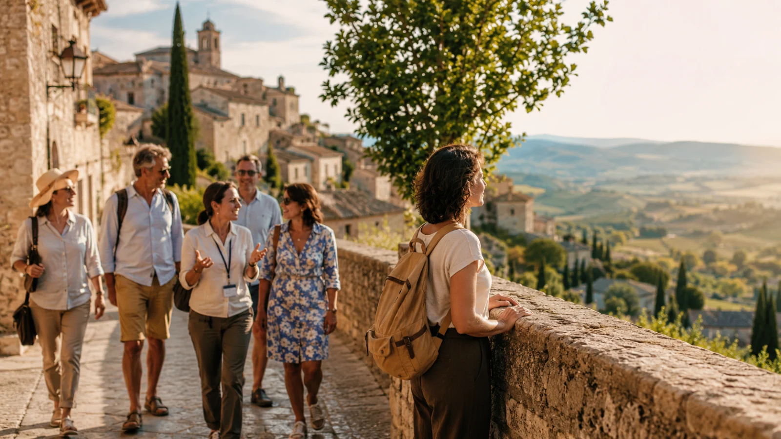Piccolo gruppo di viaggiatori con una guida in un centro storico, tra condivisione e libertà personale.